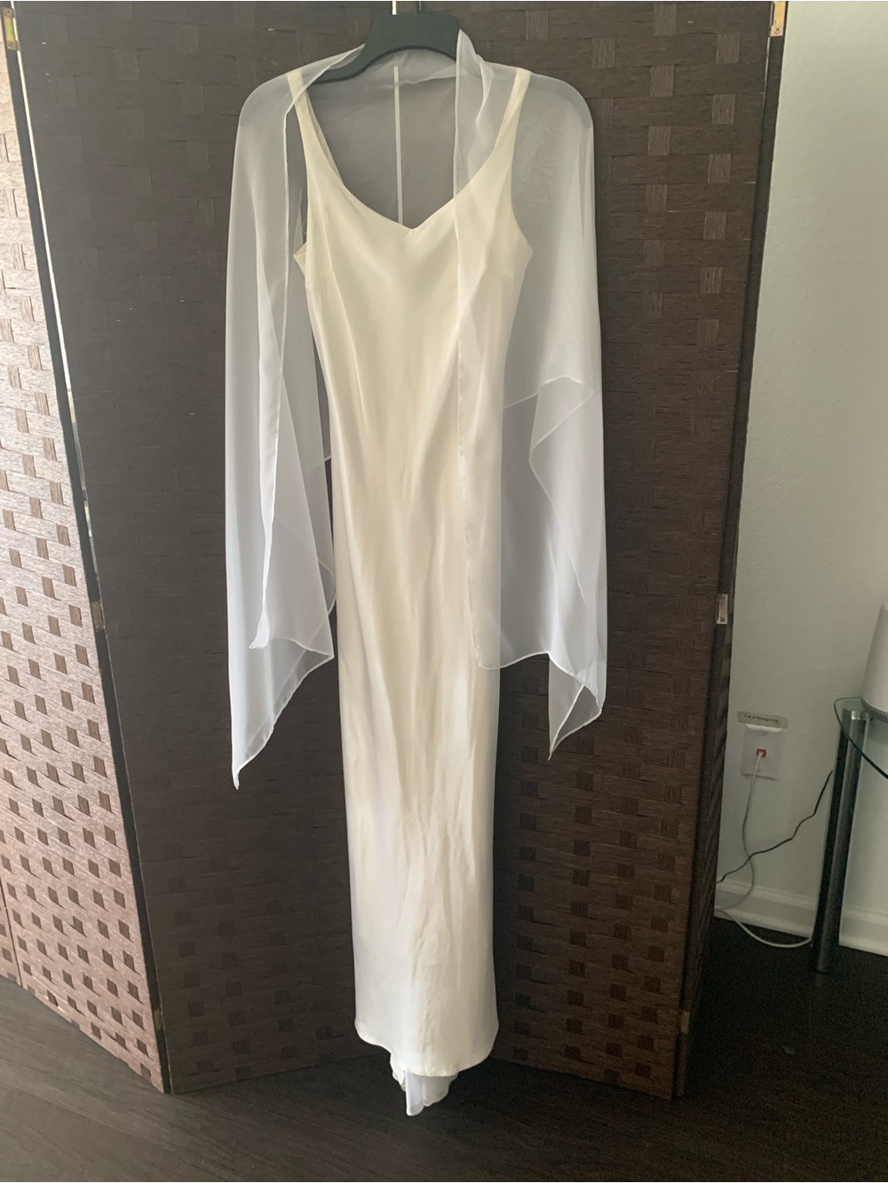 # 3/59 Elegant White Slip Dress with Sheer Shawl, 100% silk